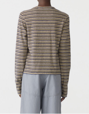 Bassike Stripe Slim L/S T-Shirt - Navy/Citrus/White