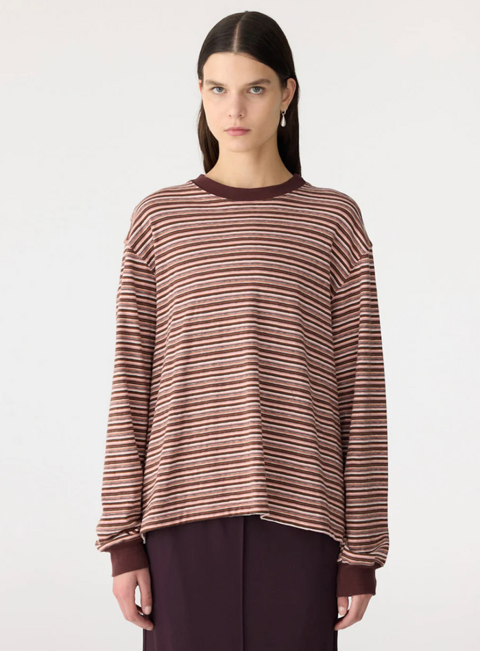 Bassike Stripe Slouch L/S T-Shirt - Pink/Orange/Plum
