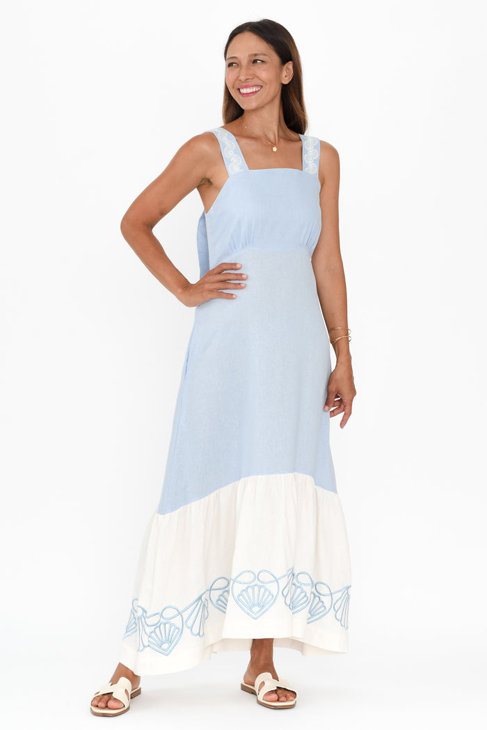 Bateau Blue Seashell Linen Dress,Brunette model,alt text|model:Cara