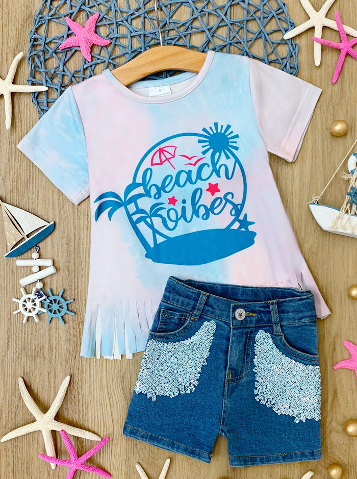 Kids Spring Clothes | Girls Tie Dye Fringe Top & Sequin Denim Shorts
