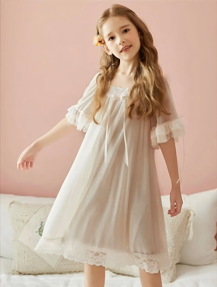 Bedtime Bliss Beige Knee-Length Lace Nightgown Mia Belle Girls