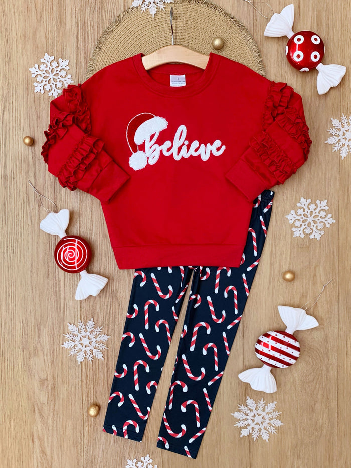 "Believe" Embroidered Christmas Top & Candy Cane Legging Set Mia Belle Girls