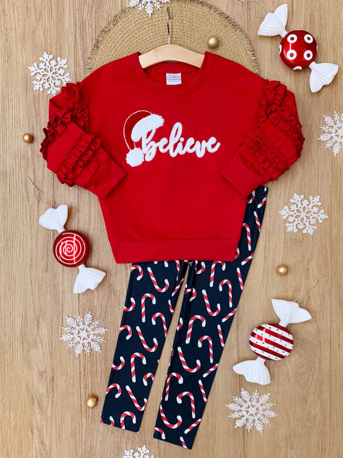 "Believe" Embroidered Christmas Top & Candy Cane Legging Set Mia Belle Girls
