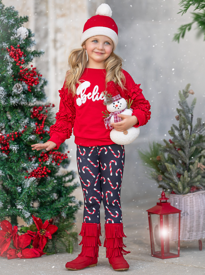 "Believe" Embroidered Christmas Top & Candy Cane Legging Set Mia Belle Girls