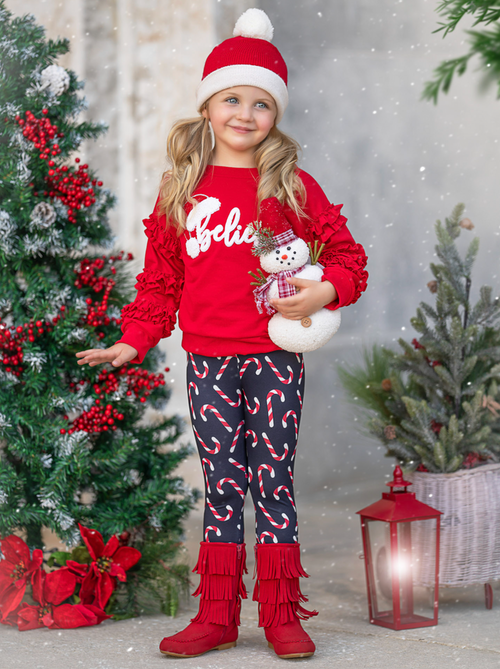 "Believe" Embroidered Christmas Top & Candy Cane Legging Set Mia Belle Girls