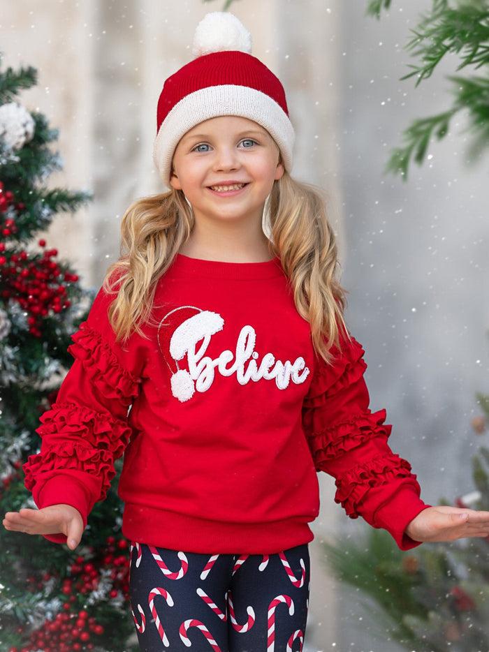 "Believe" Embroidered Christmas Top & Candy Cane Legging Set Mia Belle Girls