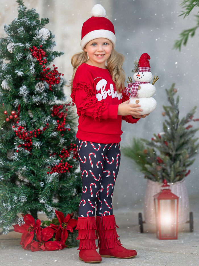 "Believe" Embroidered Christmas Top & Candy Cane Legging Set Mia Belle Girls