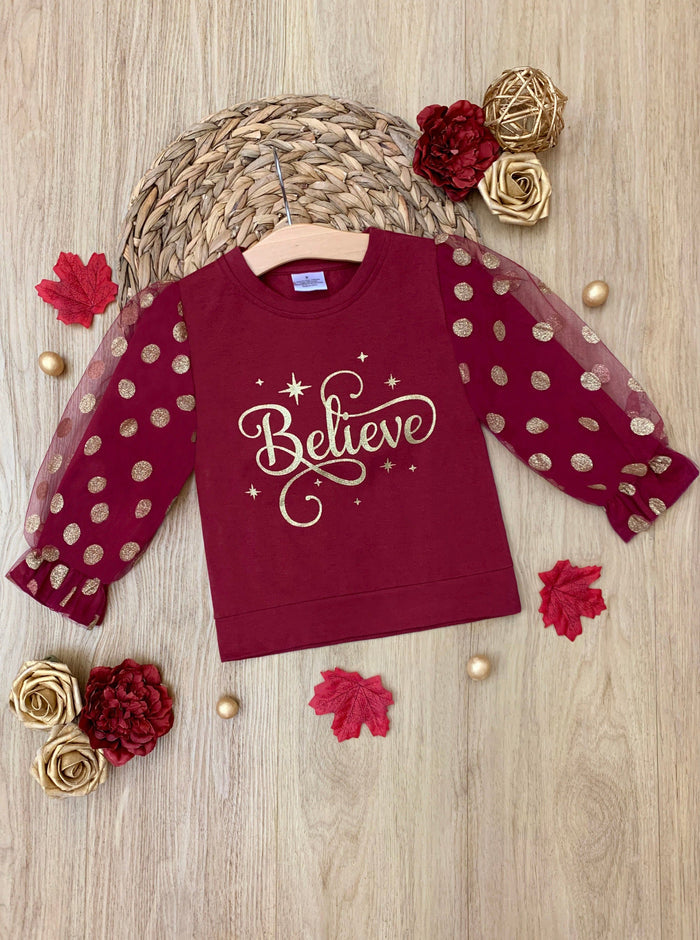 Mia Belle Girls Polka Dot Tulle Sleeve Top | Girls Holiday Outfits