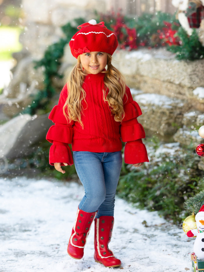 Berry Red Tiered Sleeve Cable Knit Sweater Mia Belle Girls