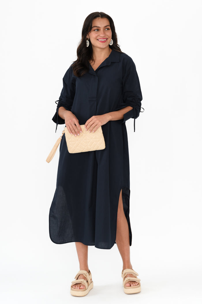 Billy Navy Cotton Poplin Dress,Brunette model,alt text|model:Brontie