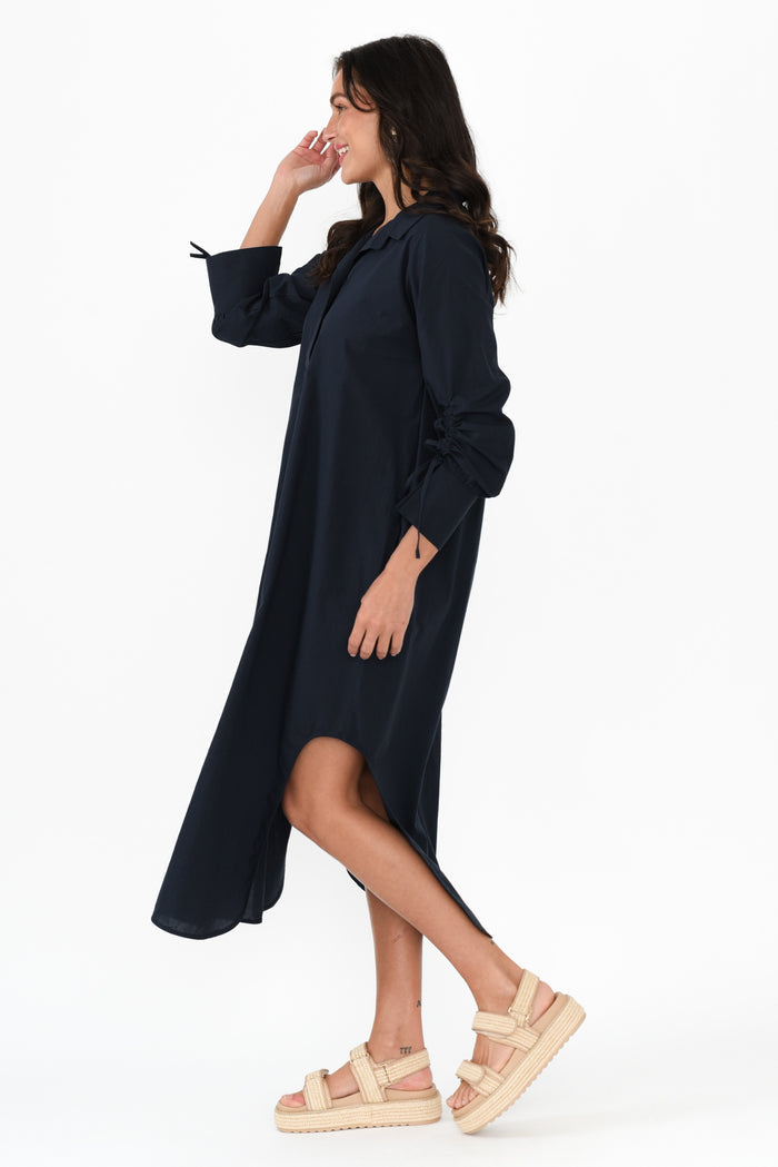 Billy Navy Cotton Poplin Dress,Brunette model,alt text|model:Brontie