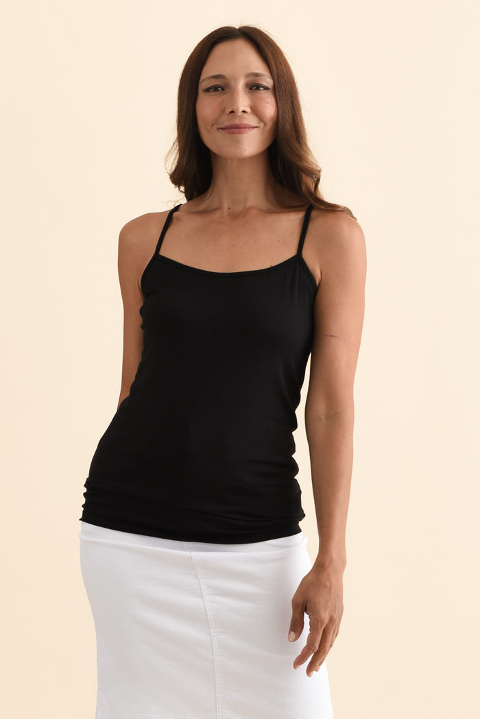 Black Bamboo Slip Cami,Brunette model,alt text|model:Cara