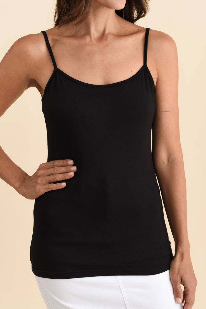 Black Bamboo Slip Cami,Brunette model,alt text|model:Cara