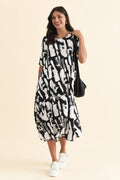 Black Brush Stroke Micro Modal Tri Drape Dress,Brunette model,alt text|model:Brontie