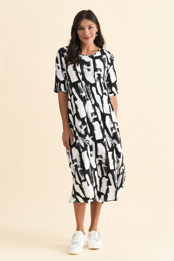 Black Brush Stroke Micro Modal Tri Drape Dress,Brunette model,alt text|model:Brontie