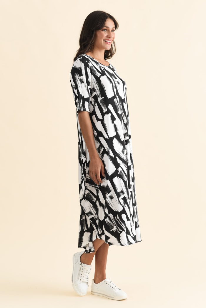 Black Brush Stroke Micro Modal Tri Drape Dress,Brunette model,alt text|model:Brontie
