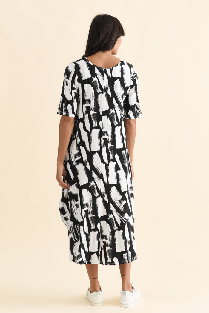 Black Brush Stroke Micro Modal Tri Drape Dress,Brunette model,alt text|model:Brontie
