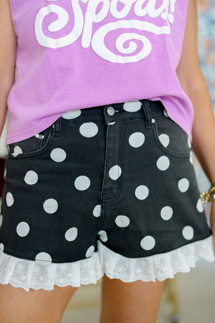 Black DOT Denim Ruffle Short
