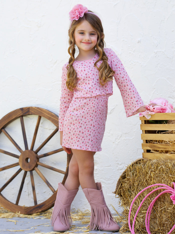Blossom Beauty Bell Sleeve Top and Ribbed Skirt Set