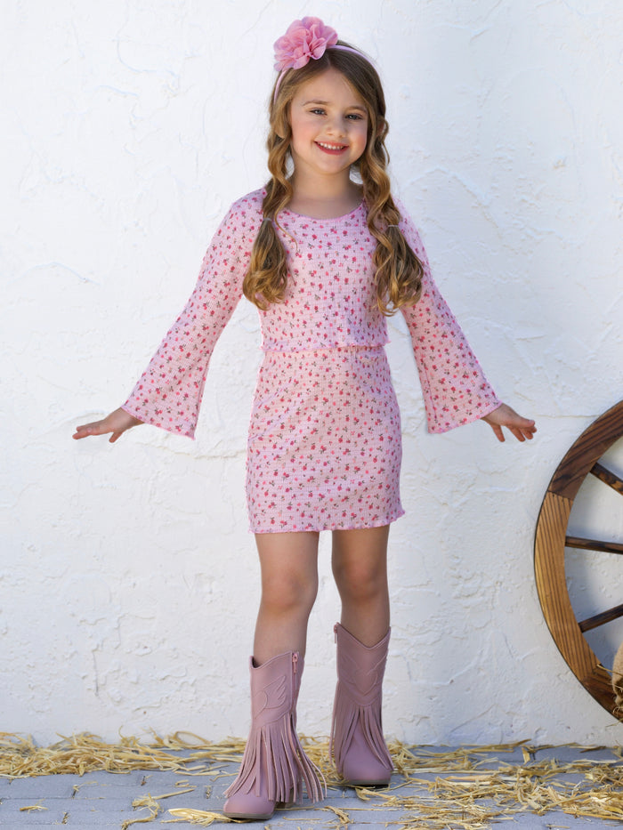 Blossom Beauty Bell Sleeve Top and Ribbed Skirt Set