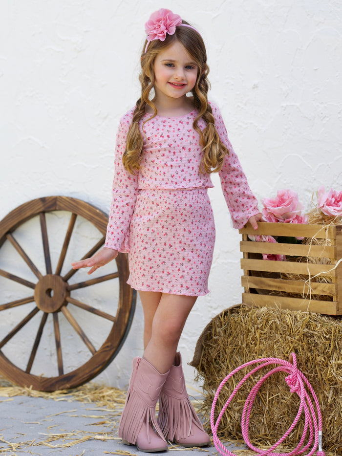 Blossom Beauty Bell Sleeve Top and Ribbed Skirt Set