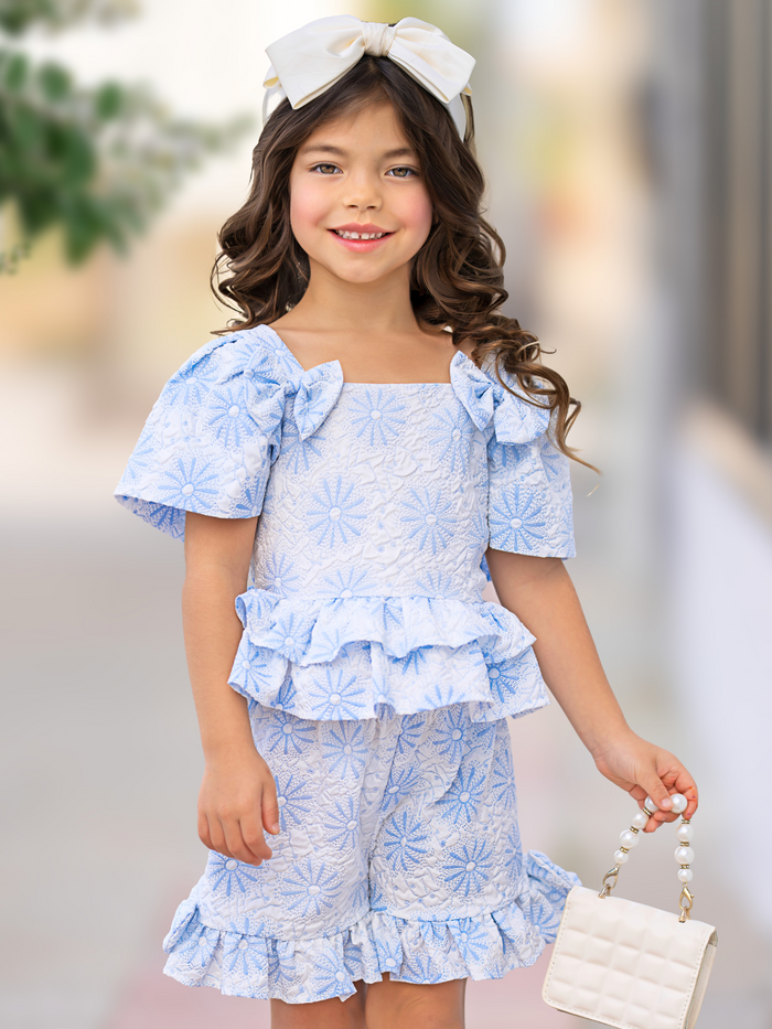 Blue Daisy Flutter Top and Ruffle Short Set