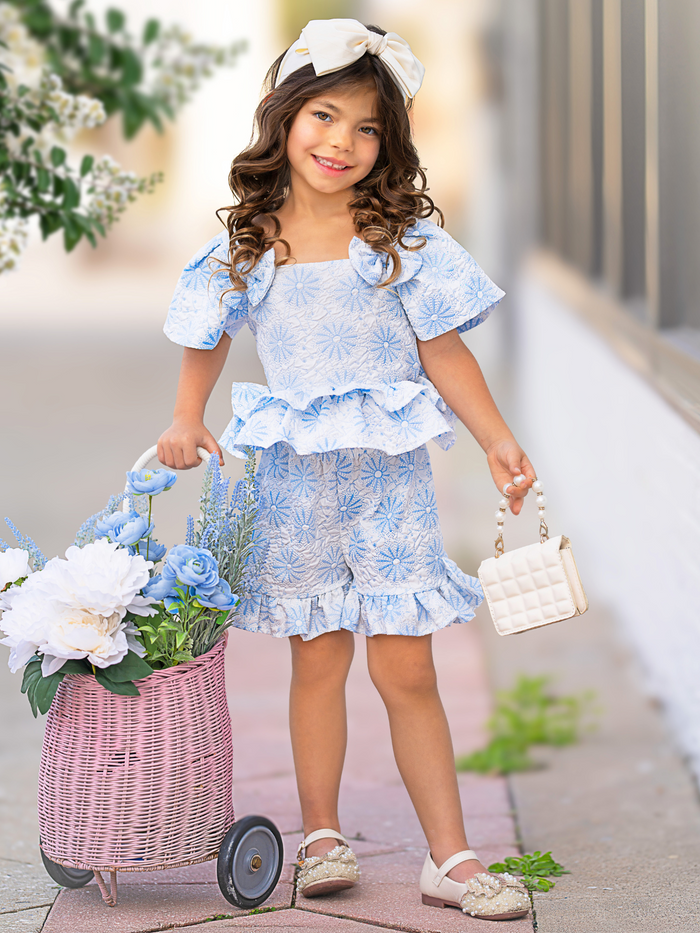 Blue Daisy Flutter Top and Ruffle Short Set