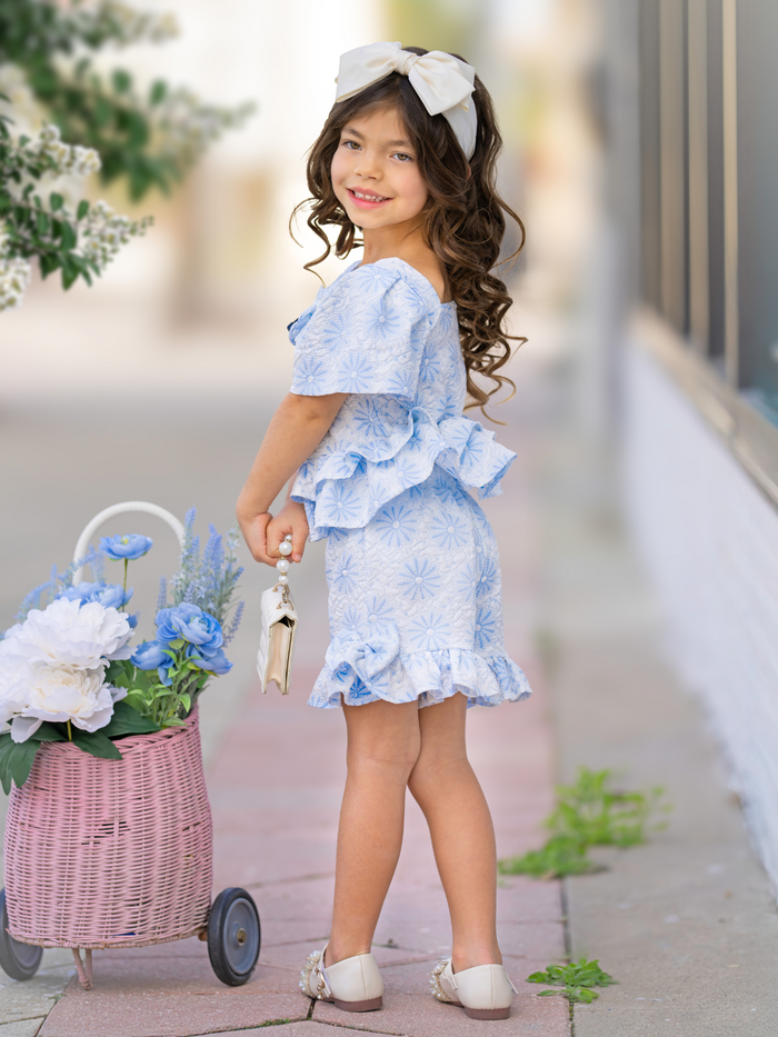 Blue Daisy Flutter Top and Ruffle Short Set