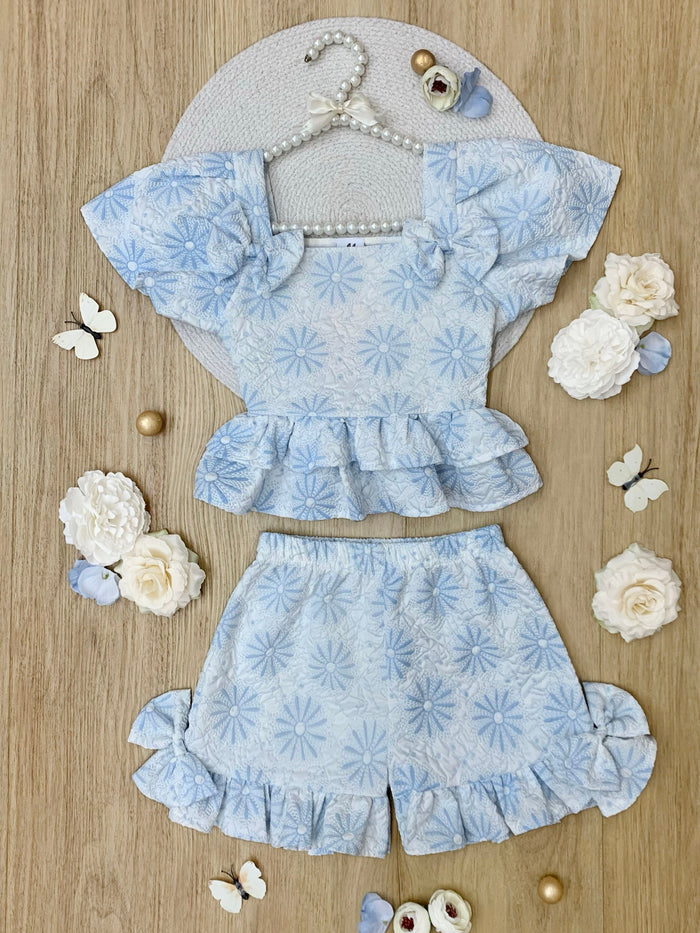 Blue Daisy Flutter Top and Ruffle Short Set