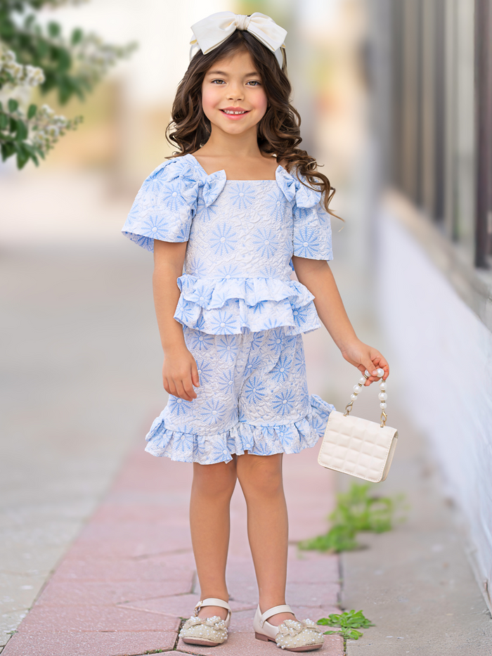 Blue Daisy Flutter Top and Ruffle Short Set