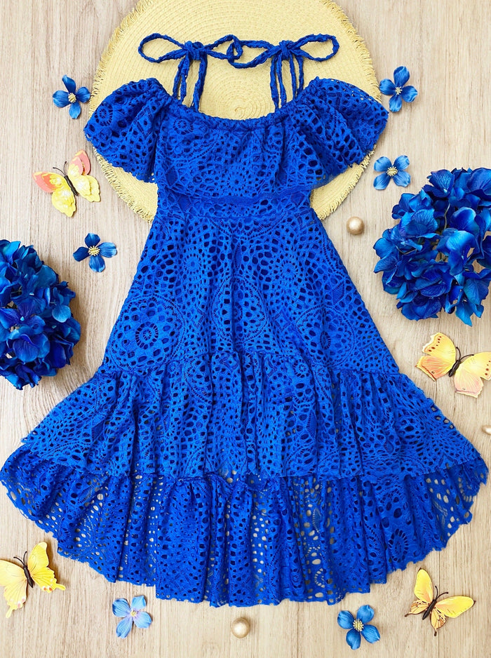 Girls Summer Dress | Toddler Blue Cold Shoulder Maxi Eyelet Sundress