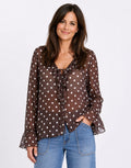 Bohemian Polka Dot Sheer Frill Front Blouse - Chocolate