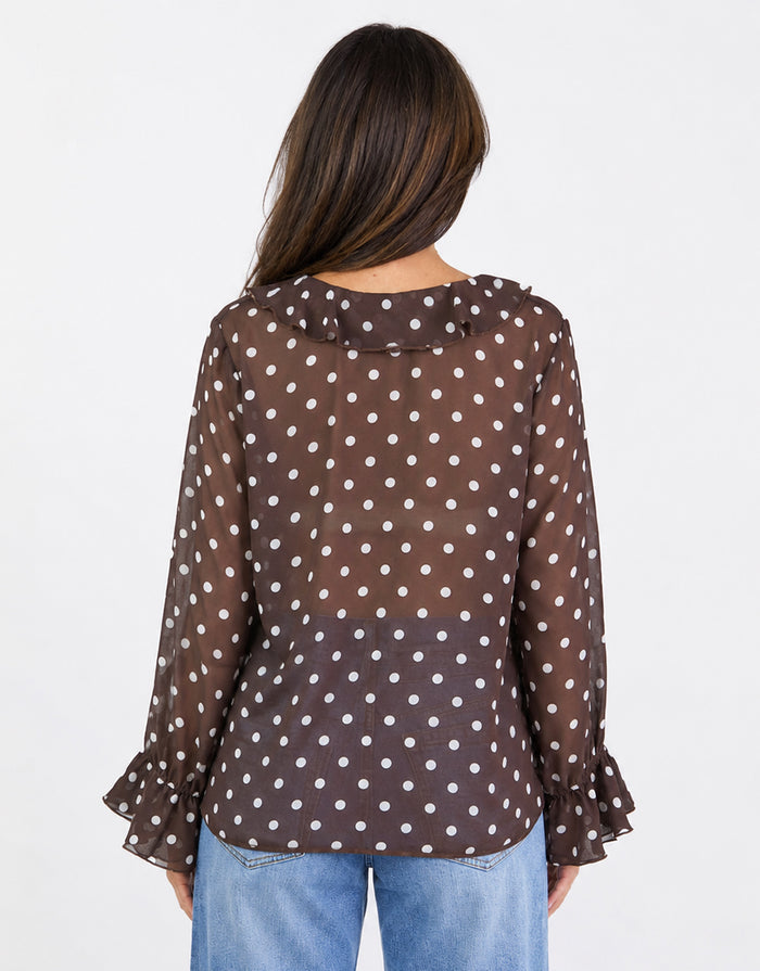 Bohemian Polka Dot Sheer Frill Front Blouse - Chocolate