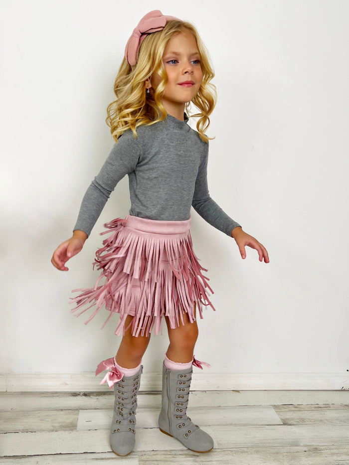 Mia Belle Girls Grey Top And Pink Fringe Suede Shorts Set