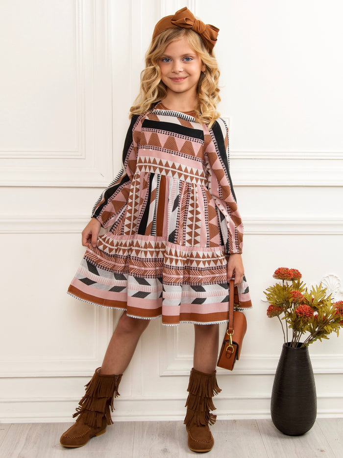 Boho Pink Long Sleeve Cotton Babydoll Dress