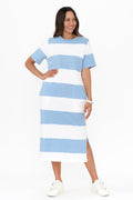 Bold Blue Stripe Cotton Tee Dress,Brunette model,alt text|model:Cara