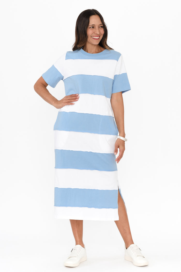 Bold Blue Stripe Cotton Tee Dress,Brunette model,alt text|model:Cara