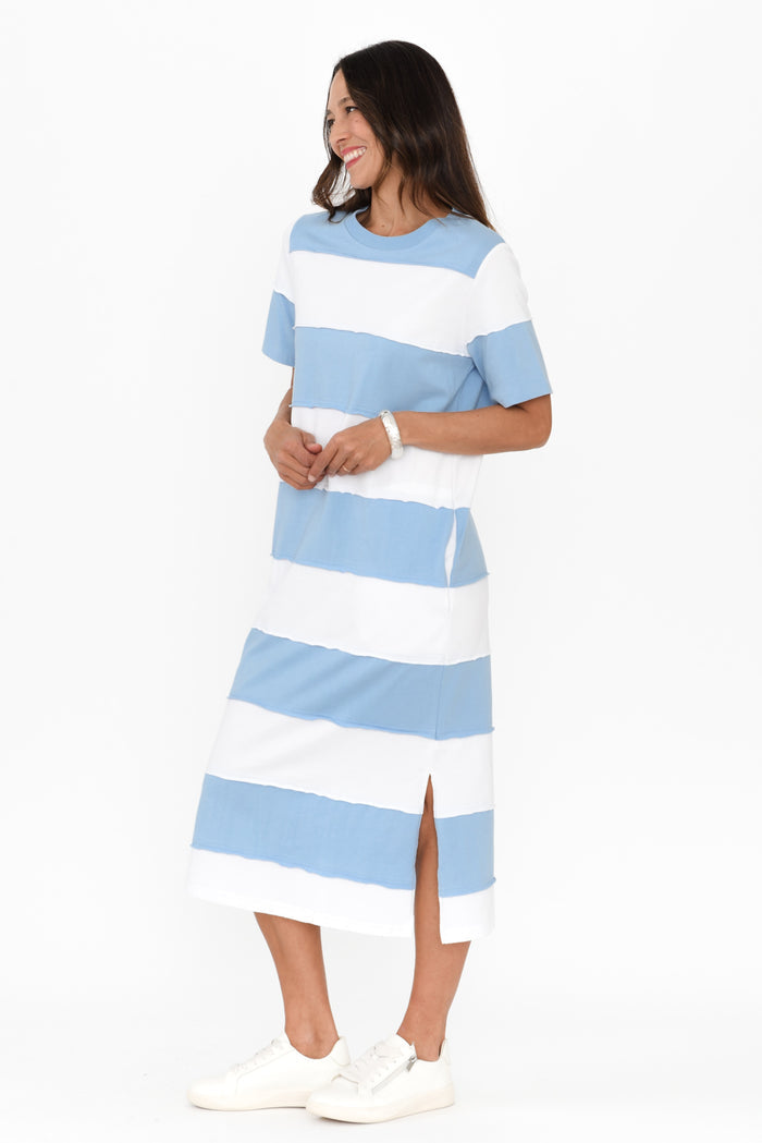 Bold Blue Stripe Cotton Tee Dress,Brunette model,alt text|model:Cara