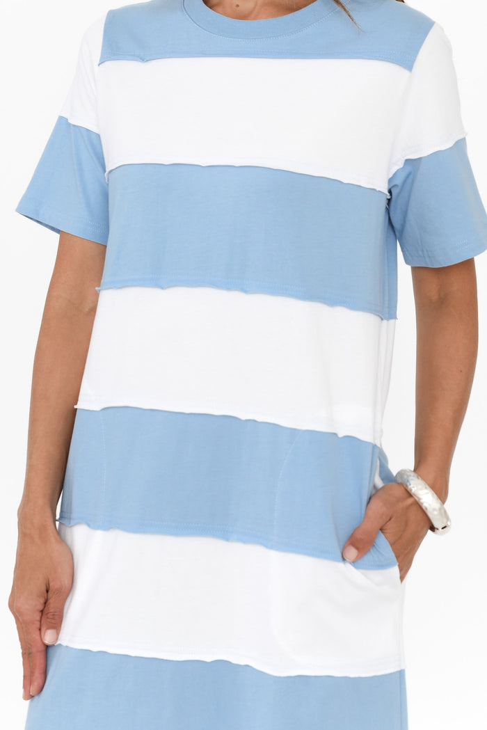 Bold Blue Stripe Cotton Tee Dress,Brunette model,alt text|model:Cara