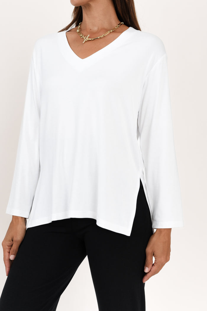 Braxton White Bamboo Long Sleeve Top,Brunette model,alt text|model:Cara