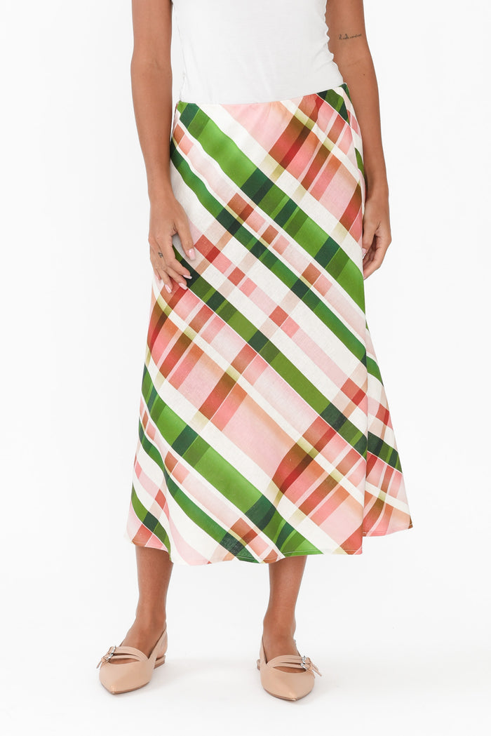 Bree Pink Check Linen Blend Skirt,Brunette model,alt text|model:Brontie