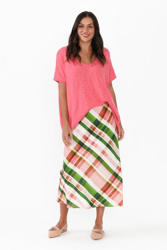 Bree Pink Check Linen Blend Skirt,Brunette model,alt text|model:Brontie