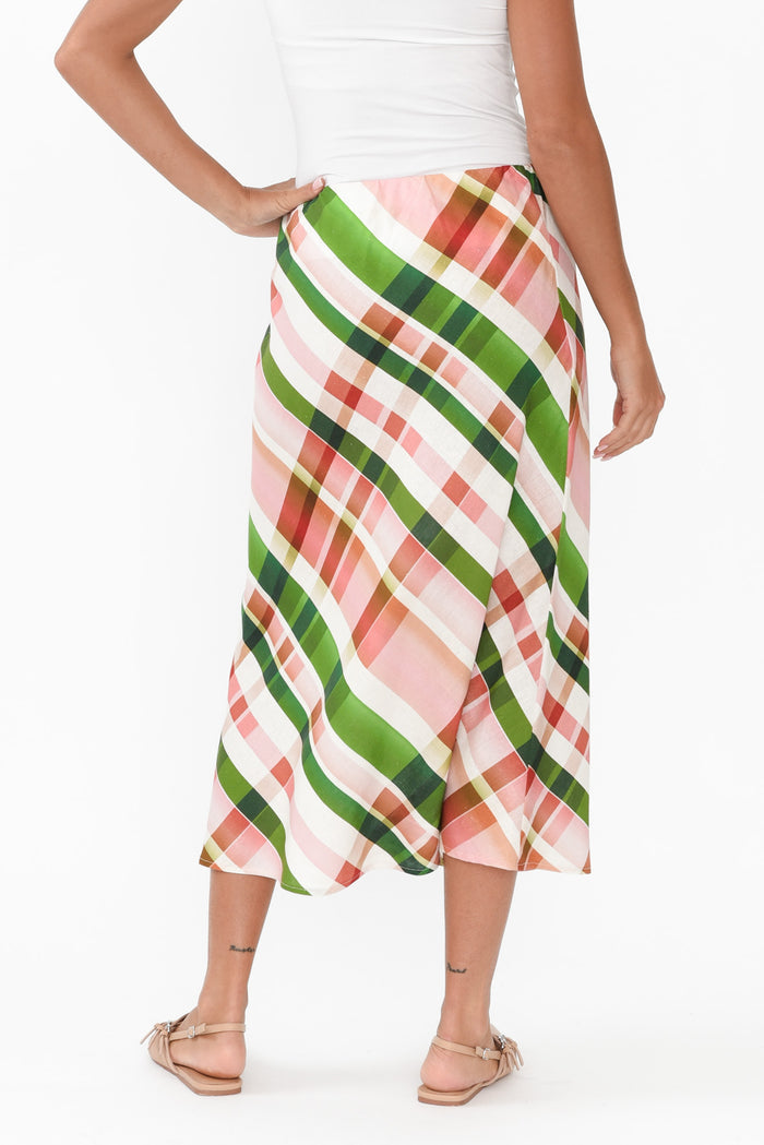 Bree Pink Check Linen Blend Skirt,Brunette model,alt text|model:Brontie