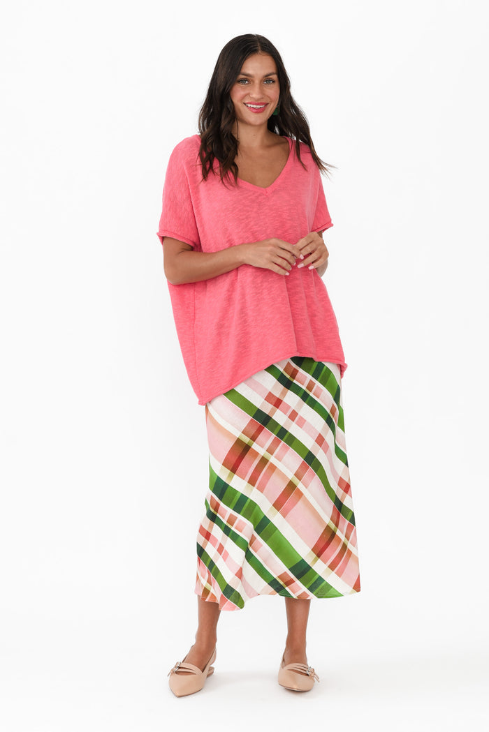 Bree Pink Check Linen Blend Skirt,Brunette model,alt text|model:Brontie
