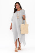 Buffy Light Blue Stripe Linen Kaftan,Brunette model,alt text|model:Brontie