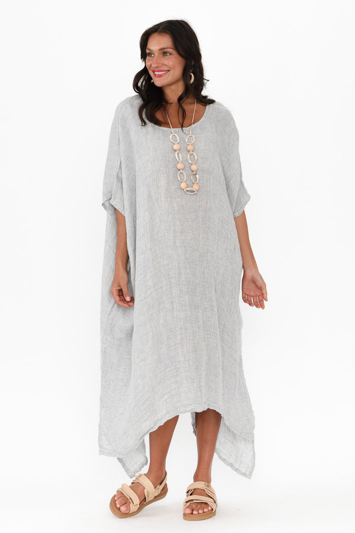 Buffy Light Blue Stripe Linen Kaftan,Brunette model,alt text|model:Brontie