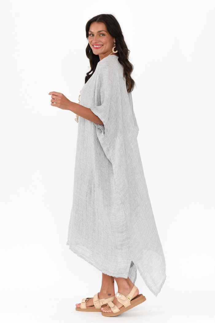 Buffy Light Blue Stripe Linen Kaftan,Brunette model,alt text|model:Brontie