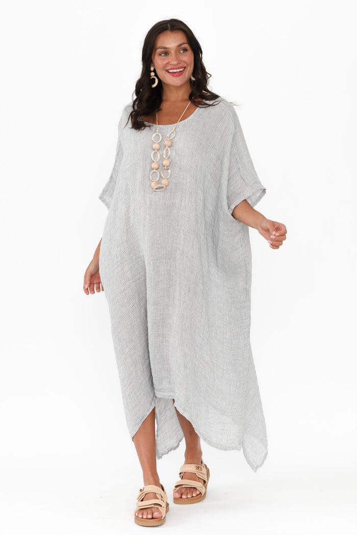Buffy Light Blue Stripe Linen Kaftan,Brunette model,alt text|model:Brontie