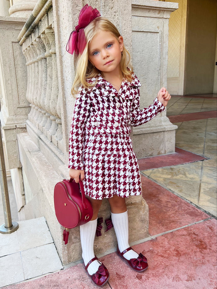 Burgundy Houndstooth Jacket and Pleated Skirt Set Mia Belle Girls