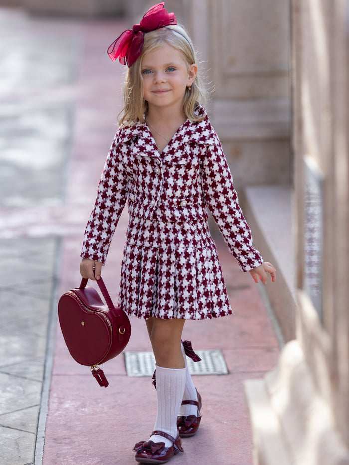 Burgundy Houndstooth Jacket and Pleated Skirt Set Mia Belle Girls
